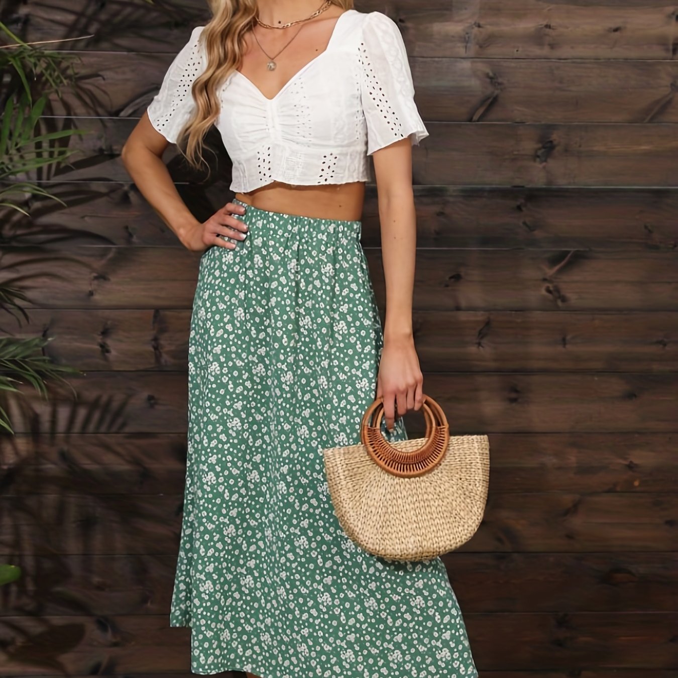 Boho Ditsy Floral Print High Waist Skirts, Vacation Ruched Maxi Summer Skirts, Women's Clothing