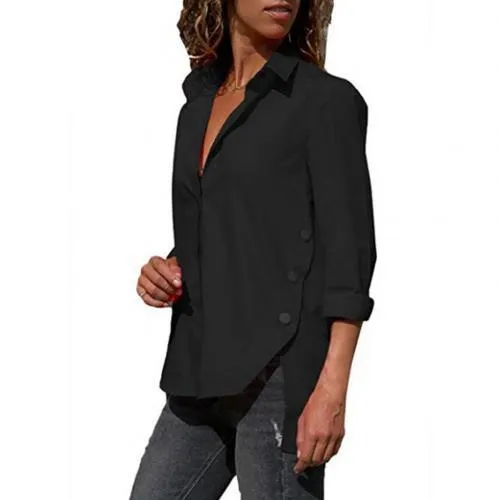 Women Casual Turn Down Collar High-low Hem Side Buttons Decor Plus Size Shirt suitable for travel daily Loose style plus size