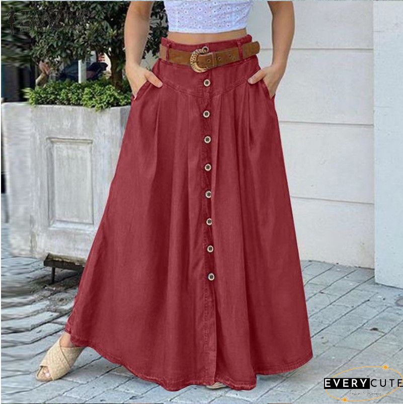 Royal Blue Piped Button Embellished High Waist Maxi Skirt