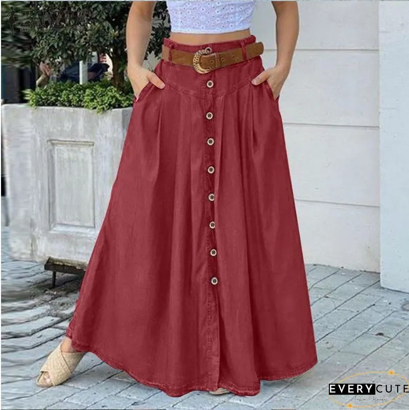 Royal Blue Piped Button Embellished High Waist Maxi Skirt