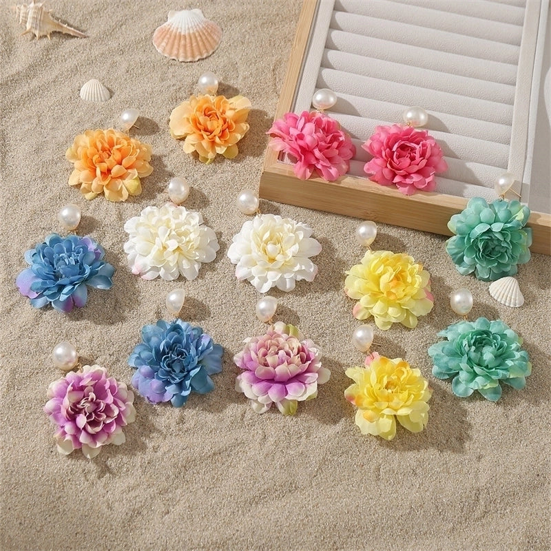 1 Pair Sweet Minimalist Flower Pearl Cloth Drop Earrings