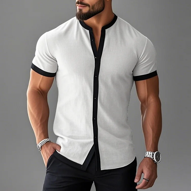 Okaywear Contrast Color Short Sleeve Button Cotton T-Shirt Okaywear