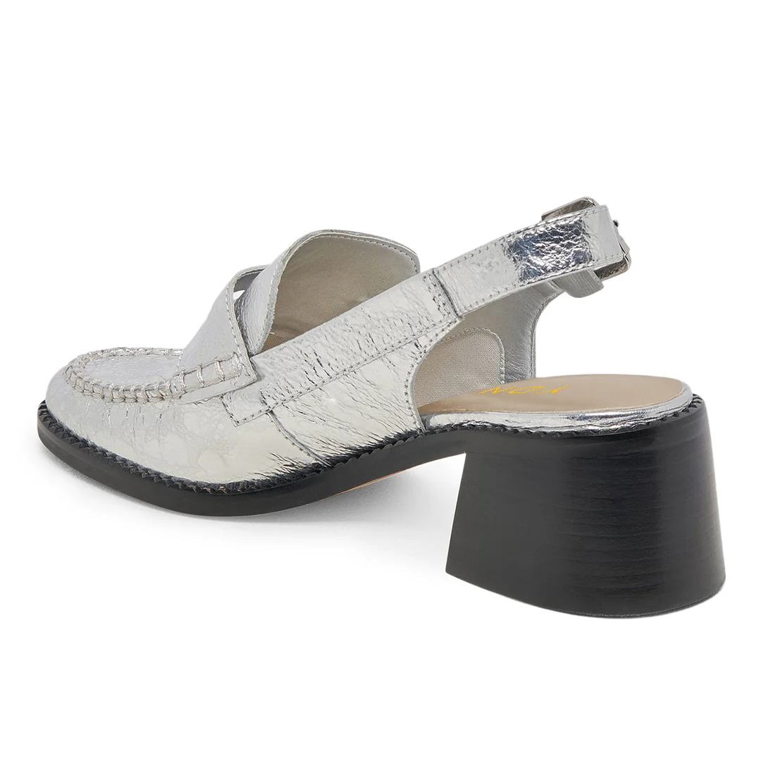 Silver Vegan Leather Metallic Touch Buckle Fastening Slingback Loafers