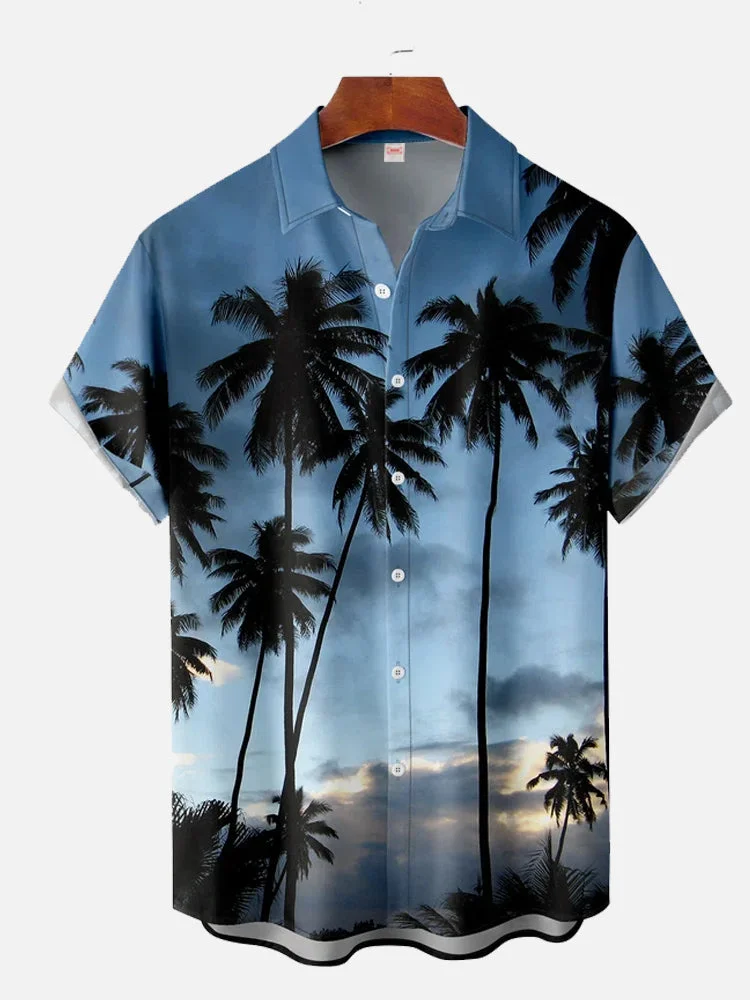 Holiday Style Hawaii Gradient Scenery Coconut Tree Printing Short Sleeve Shirt