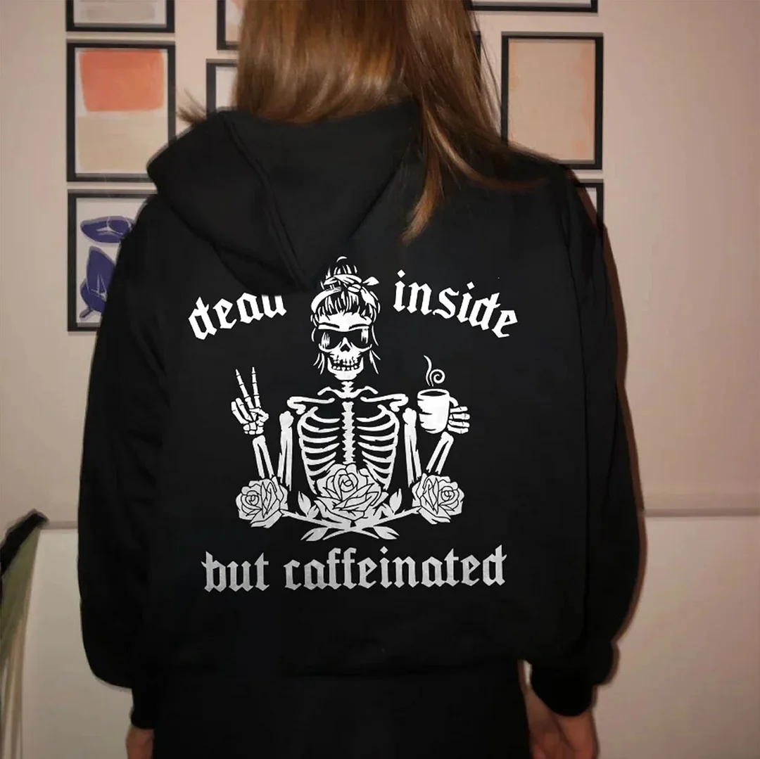 DEAD INSIDE Woman Skull with Rose  Black Print Hoodie
