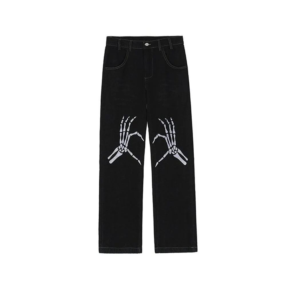 Jangj Gothic Black Skull Print Jeans Women Teens Cyber Y2k Baggy Jeans Harajuku Trousers Preppy Males High Street Casual Hip Hop Pant