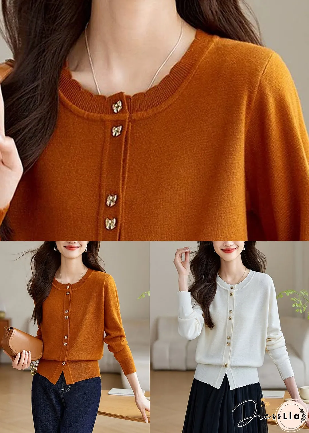 White Button Solid Wool Knit Fall Coats O Neck