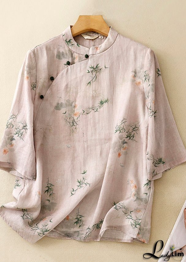 Casual Versatile Pink Stand Collar Print Cotton Shirts Summer