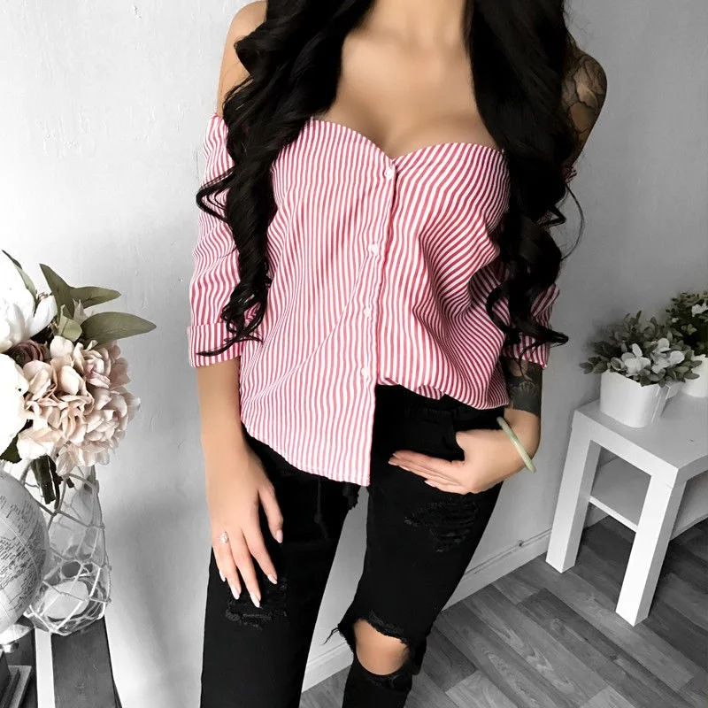 Sexy Stripe Blouse Women Autumn Long Sleeved Shirts Tops Fashion Off Shoulder Button Blouses Strapless Slash Neck Blouse Clothes