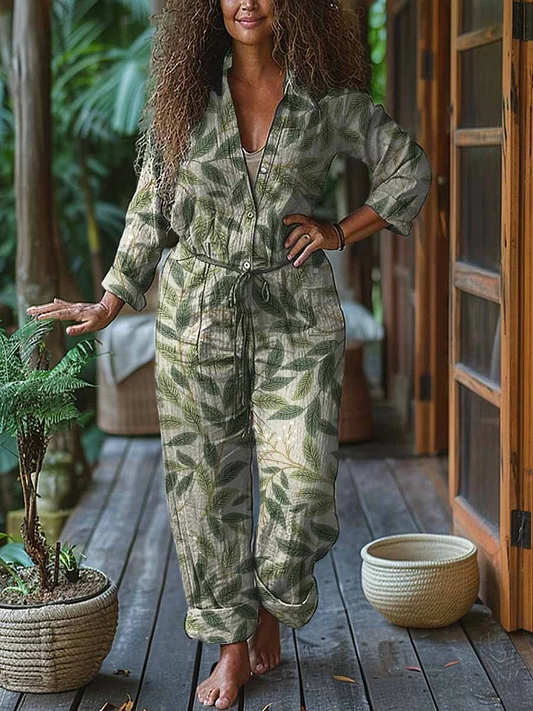 Women's Leaf Print Casual Cotton Wide Leg Jumpsuit