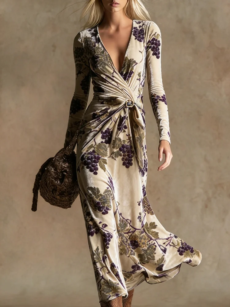 Women's elegant floral print V-neck velvet maxi dress