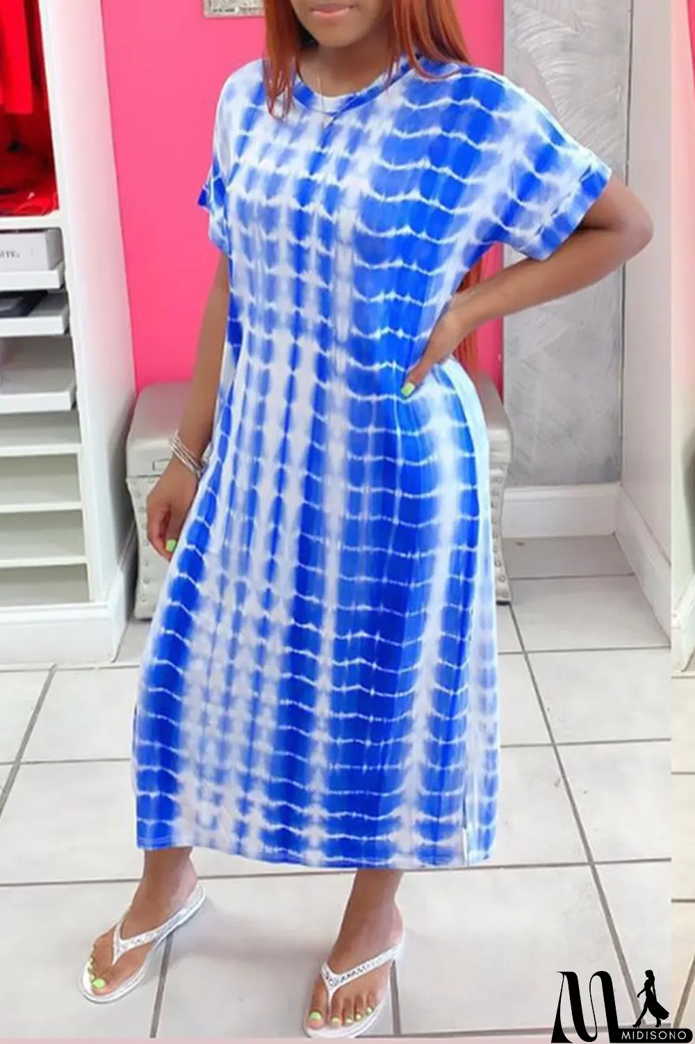 MidiSono - Blue Casual Print Split Joint O Neck Straight Dresses