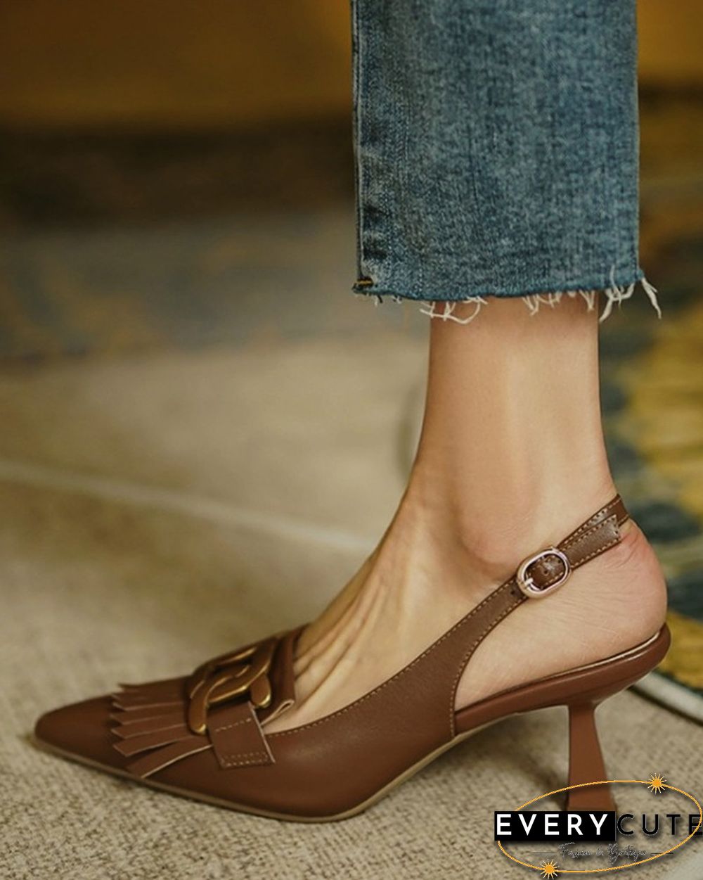 Pointed-toe Solid Color Splicing Tassel Buckles PU Leather High Heels