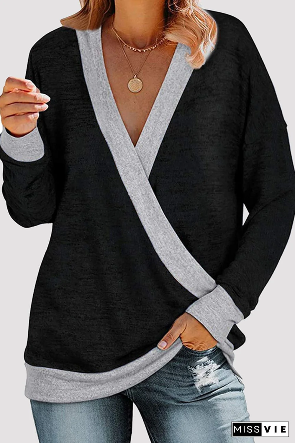 Casual Patchwork Basic Contrast V Neck Tops