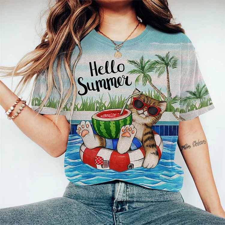 Funny Summer Vacation Eating Watermelon Cat Print Short-sleeved T-shirt