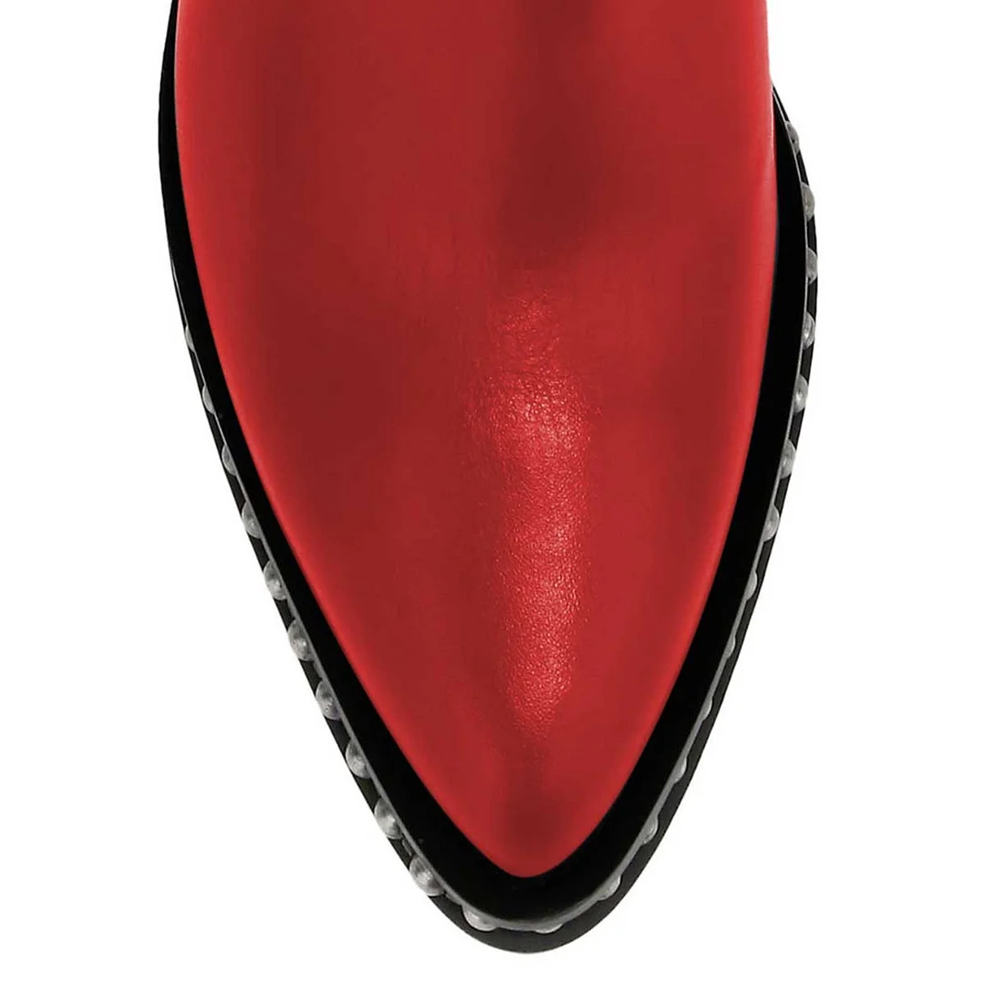 Red Pointed Toe Buckle Strap Silver Bead Trim Chunky Heel Boots