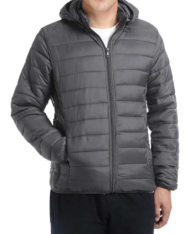 Men's Quilted Puffer Jacket with Detachable Hood in Gray