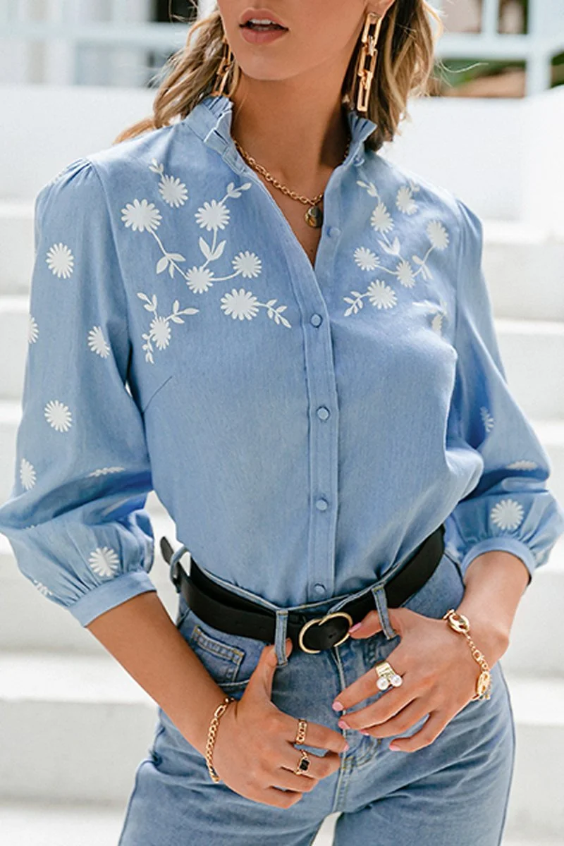 Stand Collar Floral Print Casual Blouse