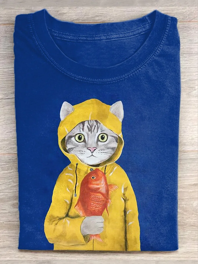 Unisex Cat and Goldfish Casual Short Sleeve T-Shirt