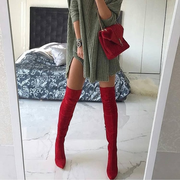 Red Suede Thigh High Heel Boots |FSJ Shoes