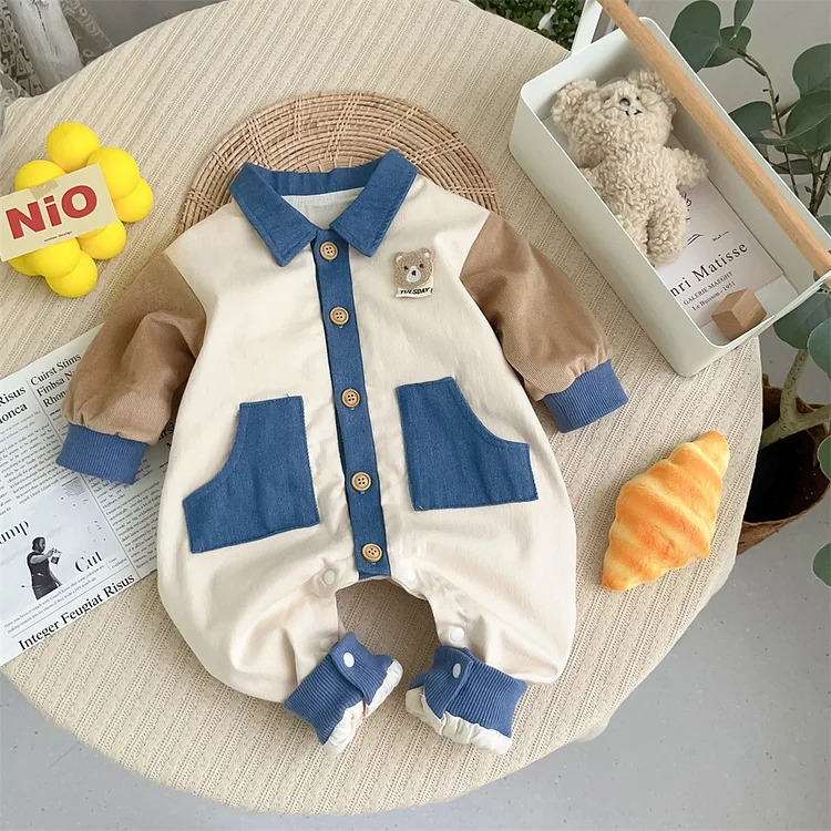 Baby Boy Bear Patch Block Color Long Sleeve Romper