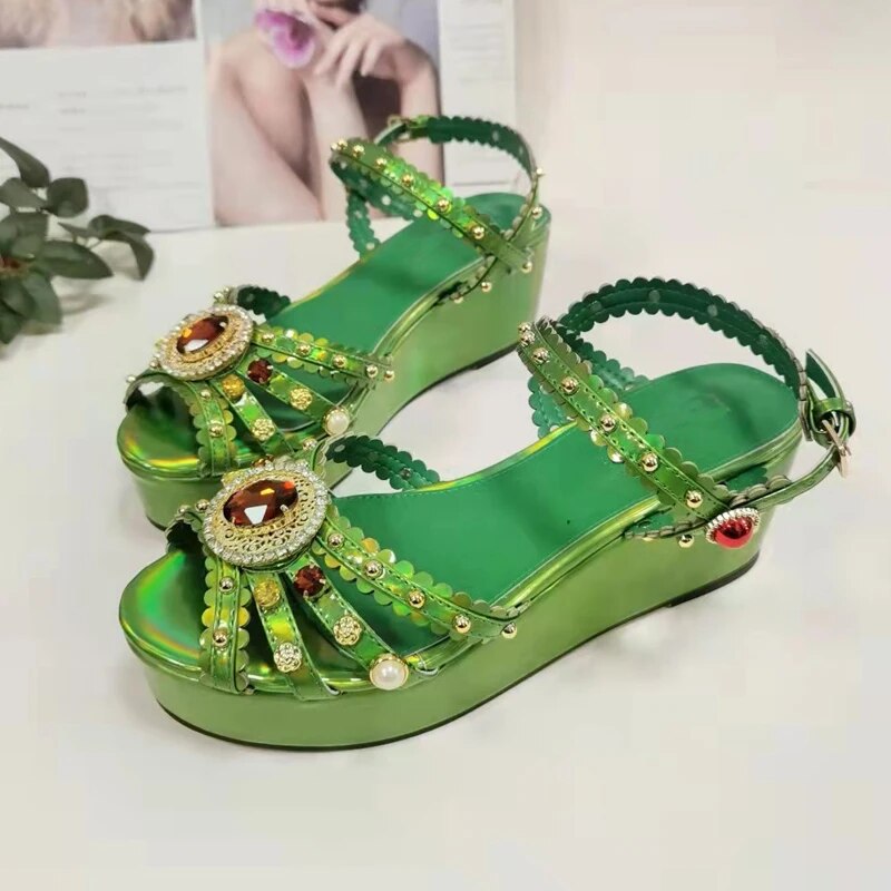 Green Rhinestone Sandals Woman Open Toe Red Diamond Platfrom Wedges Shoes Lady Party Shoes