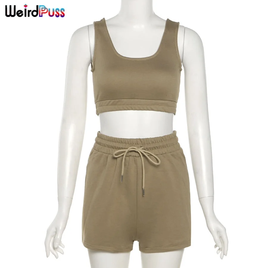 Weird Puss 2 Piece Sets Women Casual Cotton Tracksuit Fitness Tank Top Drawstring Shorts Activity Stretchy Summer Street Outfits