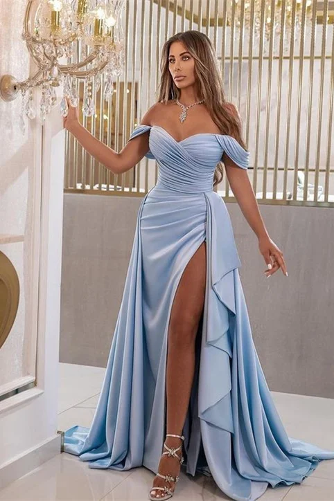 Miabel Mermaid Elegant Sky Blue Split Sweetheart Prom Dress With Off-The-Shoulder