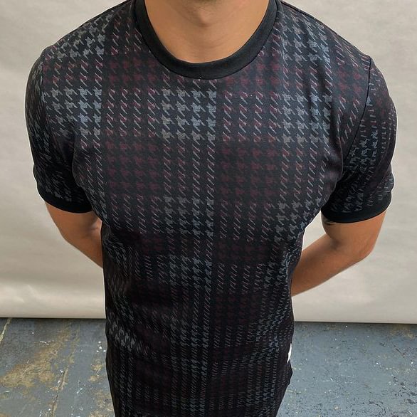 Houndstooth Color Block Slim-fit Short-sleeved T-shirt