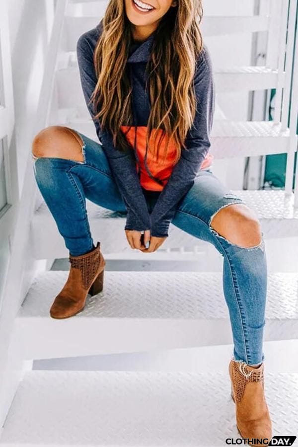 Long Sleeve Color Block Hooded Sweatshirt