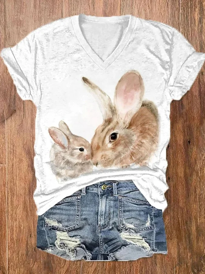 Women's Watercolor Bunny Mom And Baby Print V-Neck Tee