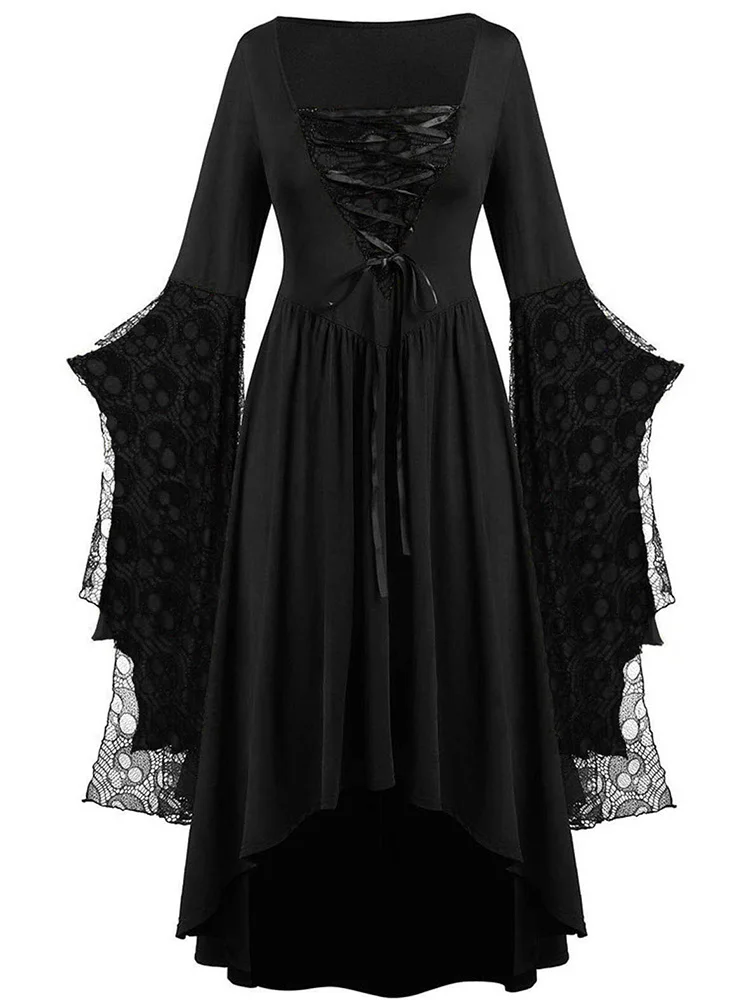 Wearshes Halloween Skull Print Lace Stitching Dress