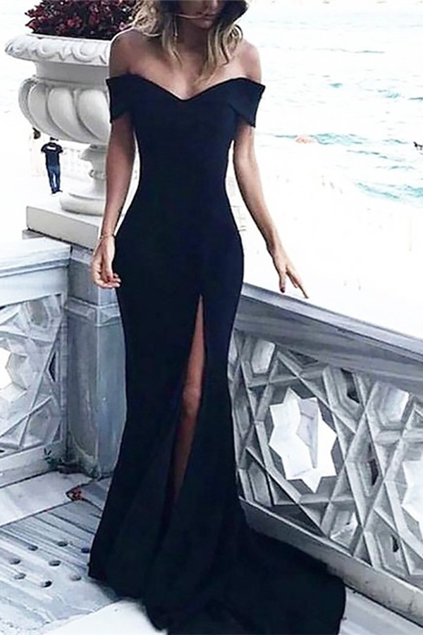 Modern Black Off-the-Shoulder Split Evening Dress Mermaid - lulusllly