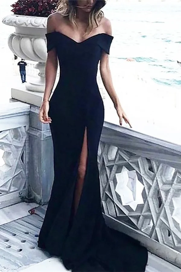 Black Off-the-Shoulder Split Prom Dress PD0242