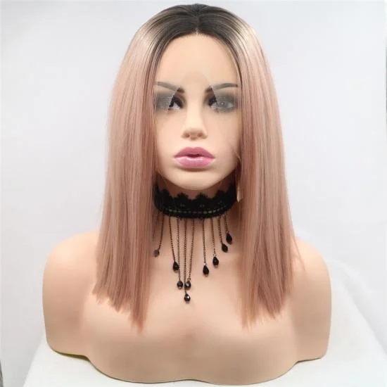  Yvonne Ombre Pink Synthetic Lace Front Wig Natural Dark Root Heat Resistant Hair Bob Wigs