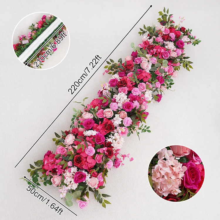 A8734 Hot Pink Rose Hydrangea Green Leaf Flower Row Wedding Backdrop Frame Floral Arrangement Table Sofa Runner