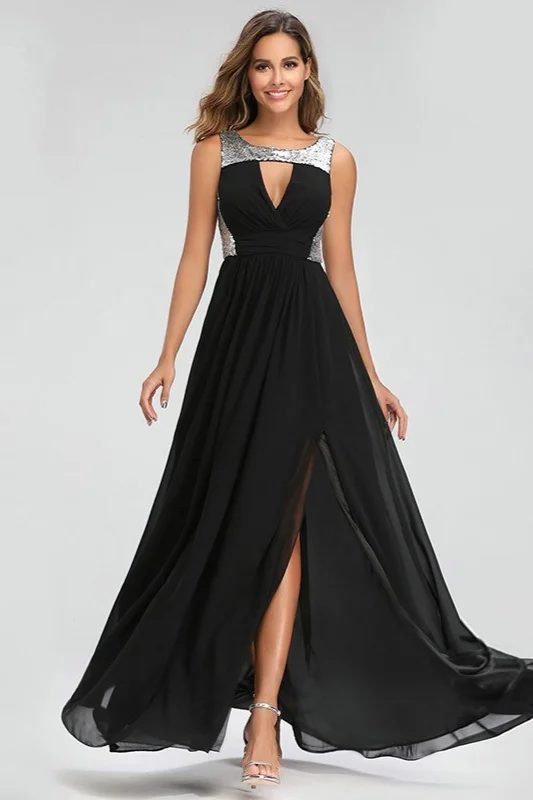 Chic Black Sequins Chiffon Prom Dress With Split - lulusllly