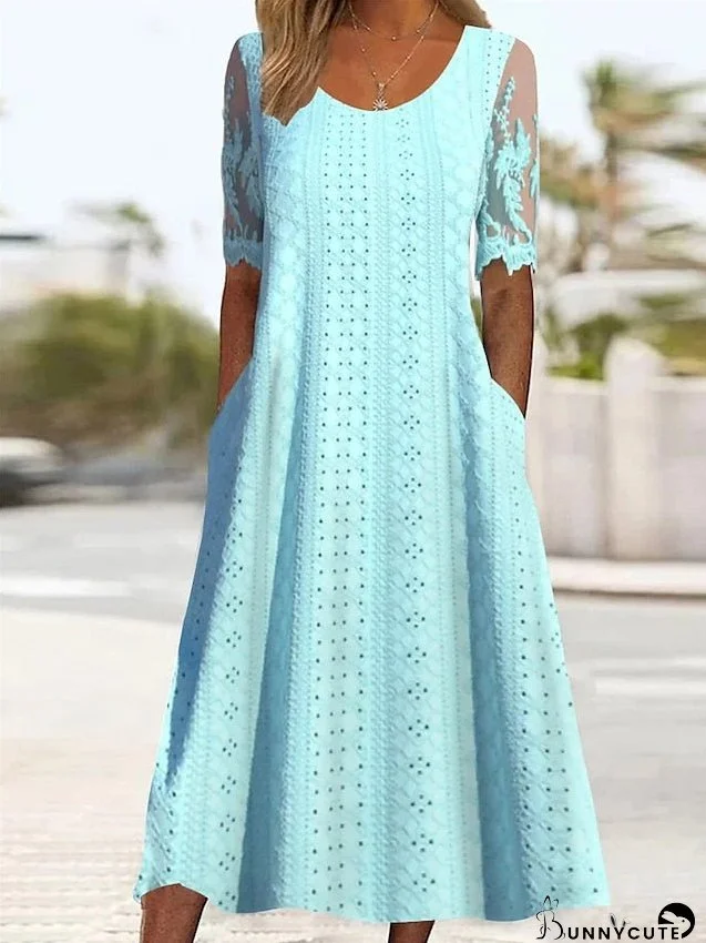 Casual Dress Summer Dress Midi Dress Lace Pocket Outdoor Daily Vacation Fashion Modern Crew Neck Short Sleeve Loose Fit Light Blue Color S M L XL XXL Size for Women