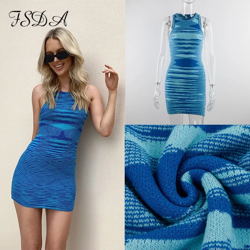 FSDA 2021 Knit Crop Top Women Sleeveless Basic T Shirts Casual Summer Off Shoulder Blue O Neck Tank Top Vintage Fashion