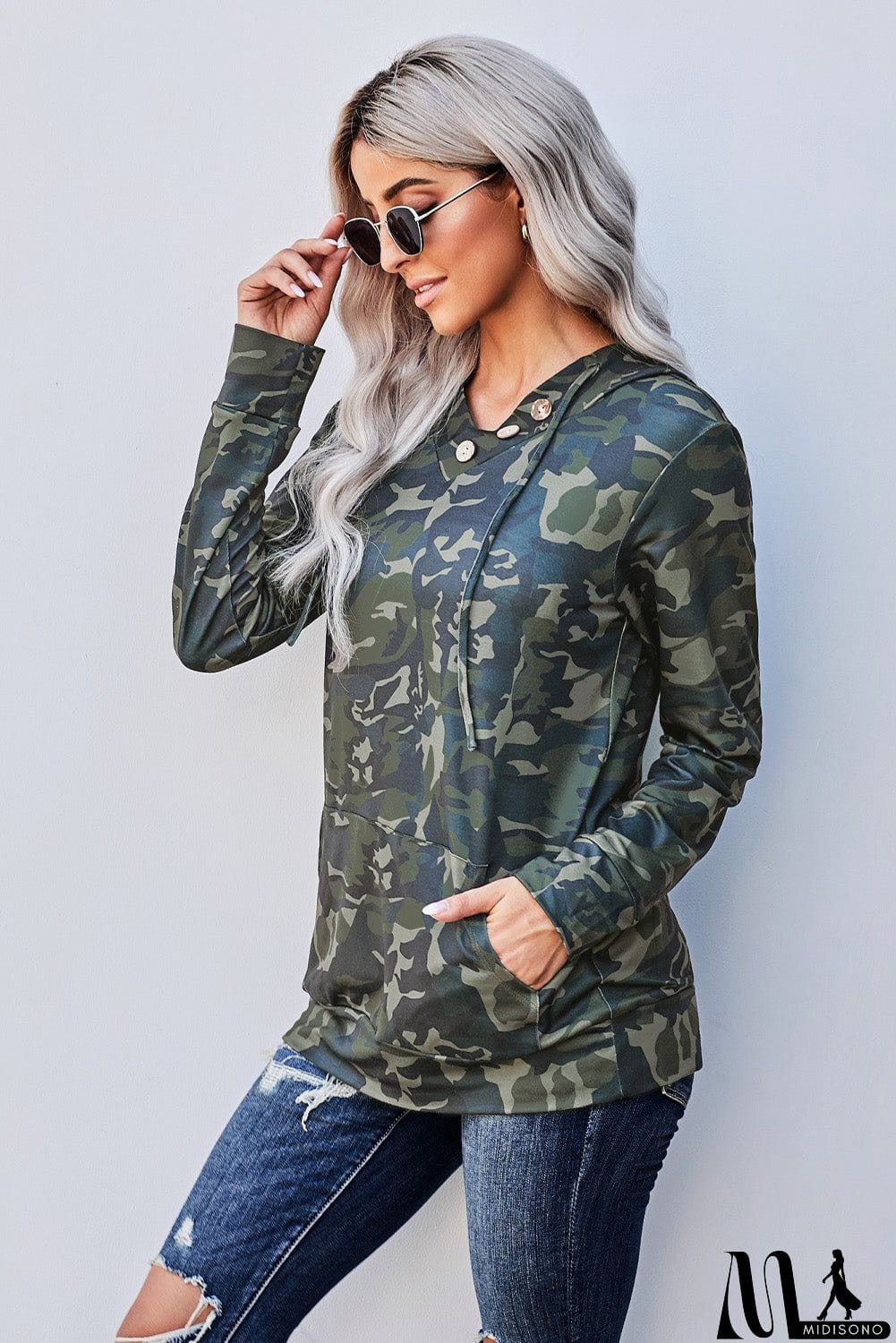 MidiSono - Green Camo Print Kangaroo Pocket Hoodie