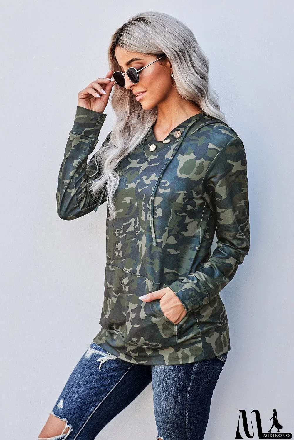 MidiSono - Green Camo Print Kangaroo Pocket Hoodie