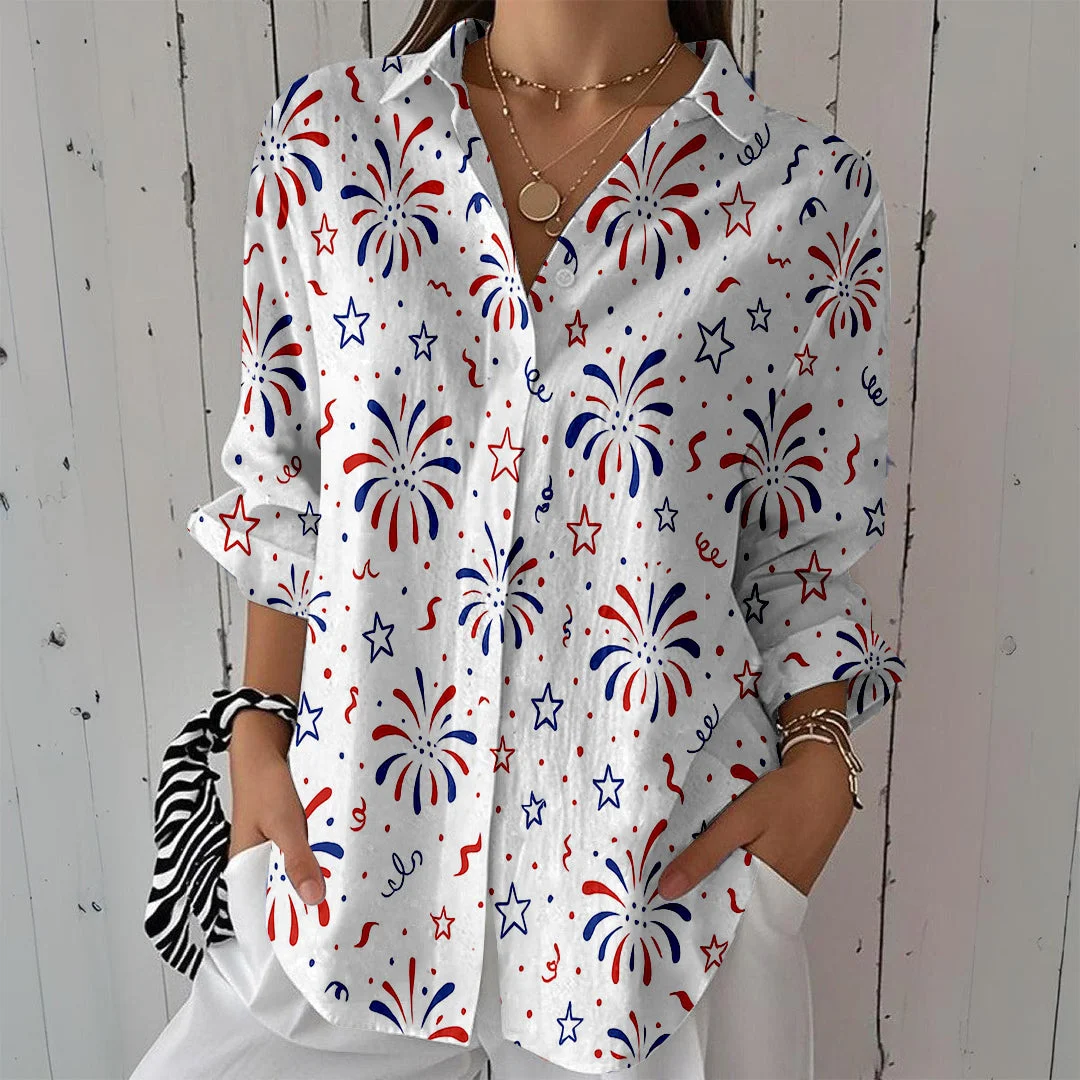 Style & Comfort for Mature Women Women  Independence Day, Star, Striped, Blue, Red DZCL0232 3/4 Sleeve Shirt Collar Printed Button Tops