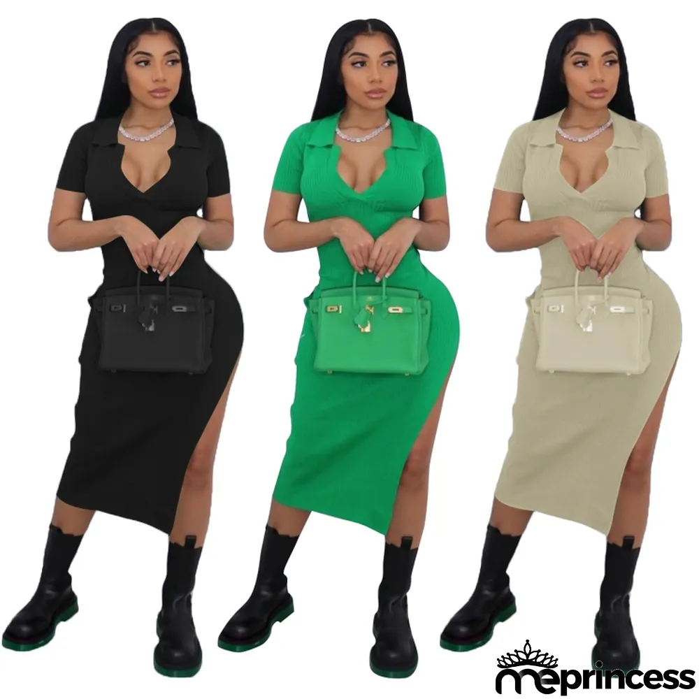 Women Spring Green Sexy V-neck Short Sleeves Solid Knit Midi Dress