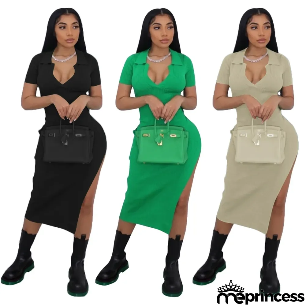 Women Spring Green Sexy V-neck Short Sleeves Solid Knit Midi Dress
