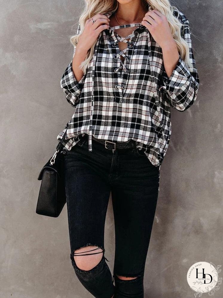 Blouses Plaid Half-Placketed Belted Lapel Comfortable Blouses for Women