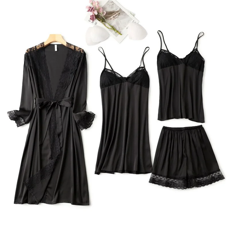 4PCS Women Pajamas Set Satin Summer Sleepwear With Lace Casual Kimono Bathrobe Gown  PJS Lingerie Loose V-Neck Nightwear
