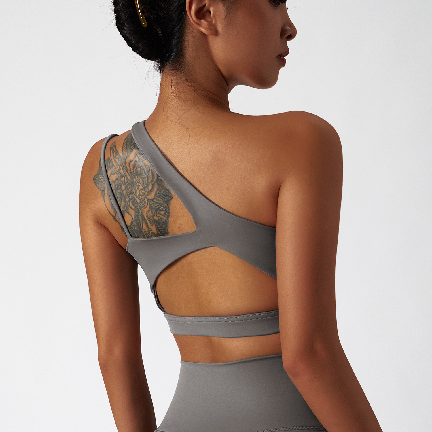 Buy Hergymclothing Gray oblique single shoulder anti slip open back running gym fitness sports bra at an affordable price