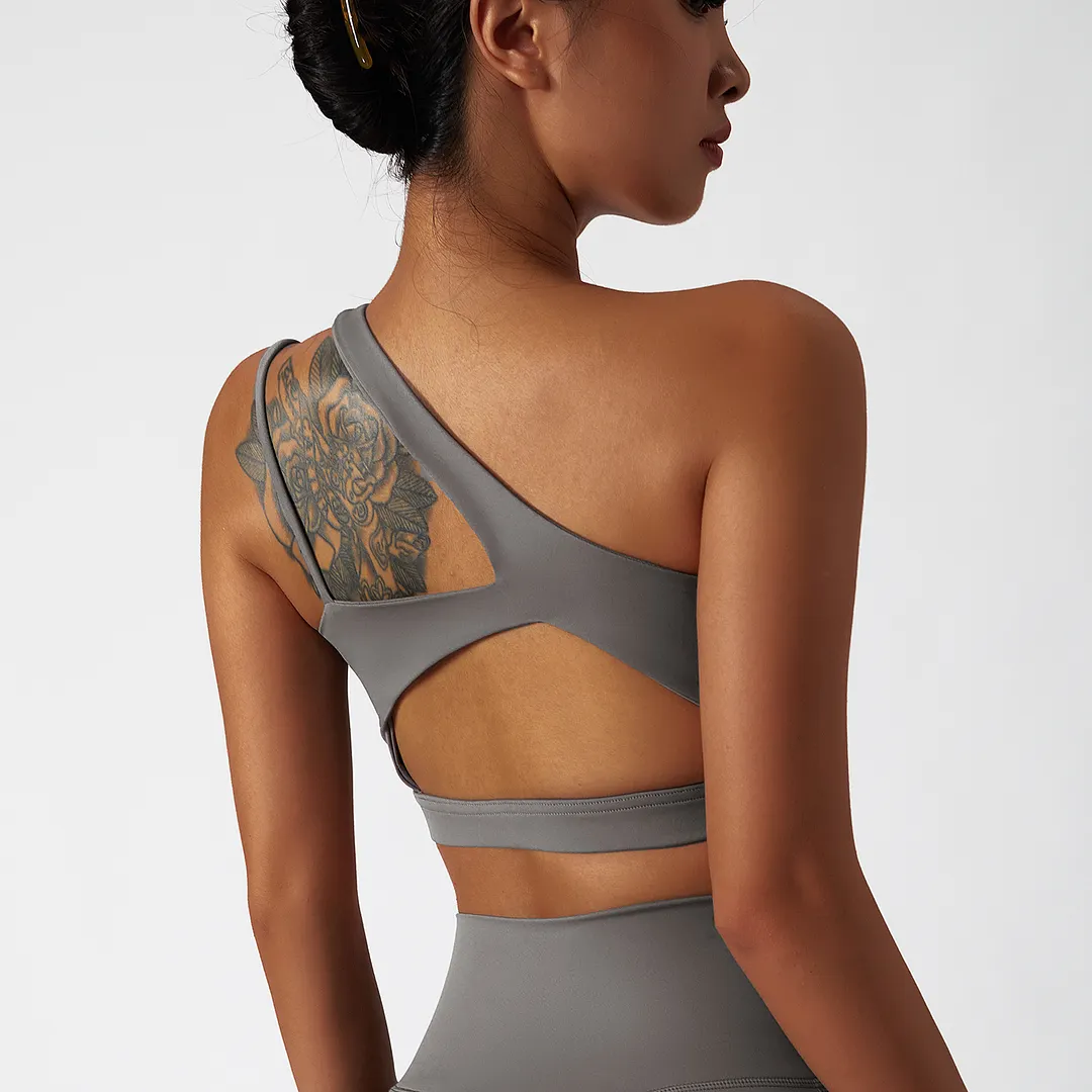 Buy Hergymclothing Gray oblique single shoulder anti slip open back running gym fitness sports bra at an affordable price