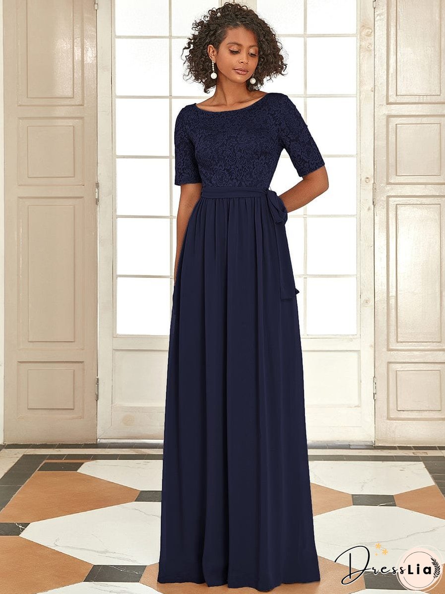 Sophisticated Lace Bodice Chiffon Maxi Evening Gown with Belt for Elegant Occasions