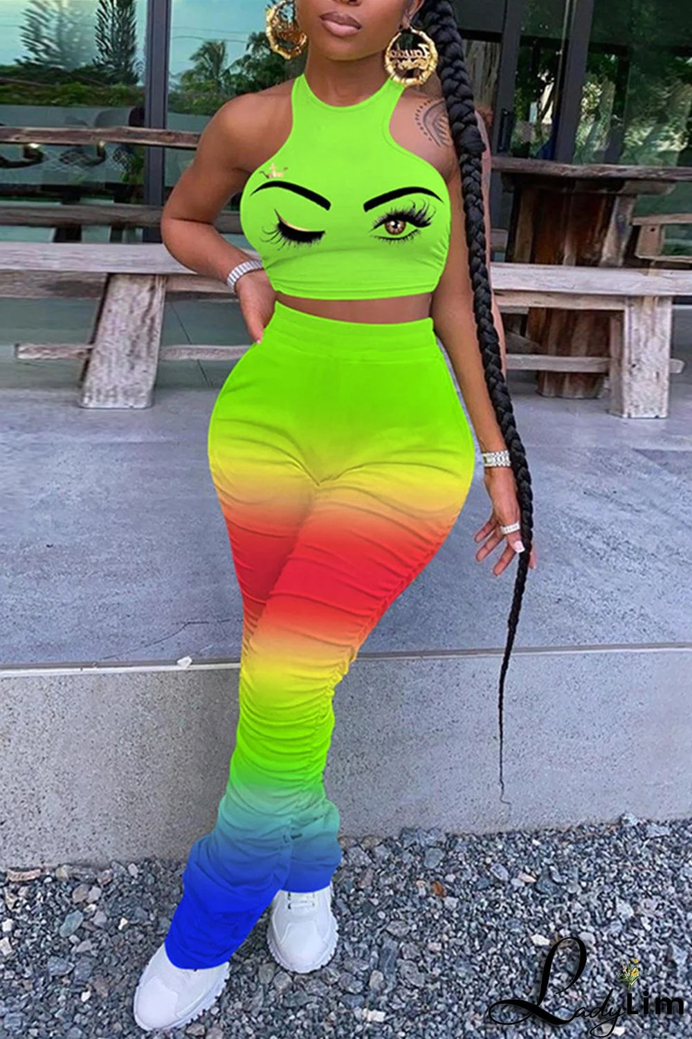 Blue Fashion Casual Gradual Change Print Fold O Neck Sleeveless Two Pieces